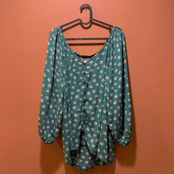 BillaBong Blouse Size Large Cold Off Shoulder Green Floral Oversized Flowy Boho - Picture 2 of 15